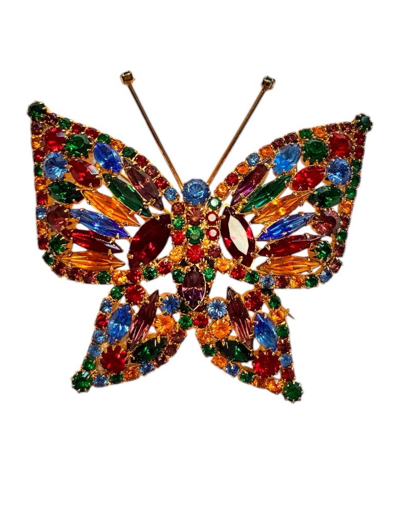 Large Vintage Estate Multicolor Rhinestone Butterfly Brooch